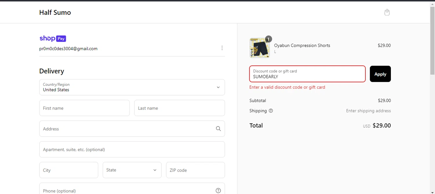 Half Sumo discount code screenshot showing code SUMOEARLY applied at Half Sumo checkout page. Uploaded by SimplyCodes community member Scrooge on Mar 6, 2025