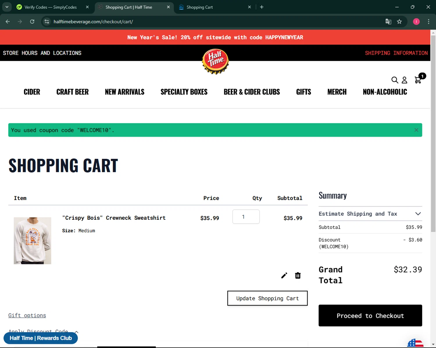 Half Time Beverage discount code screenshot showing code WELCOME10 applied at Half Time Beverage checkout page. Uploaded by SimplyCodes community member BargainSeeker9964 on Jan 25, 2025