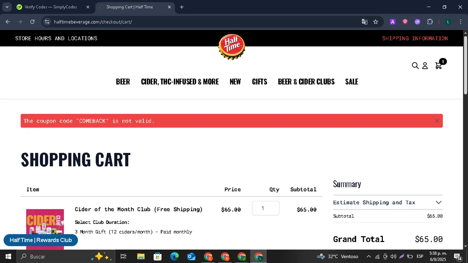 Half Time Beverage discount code screenshot showing code COMEBACK applied at Half Time Beverage checkout page. Uploaded by SimplyCodes community member SmartWhiz1165 on Aug 6, 2025