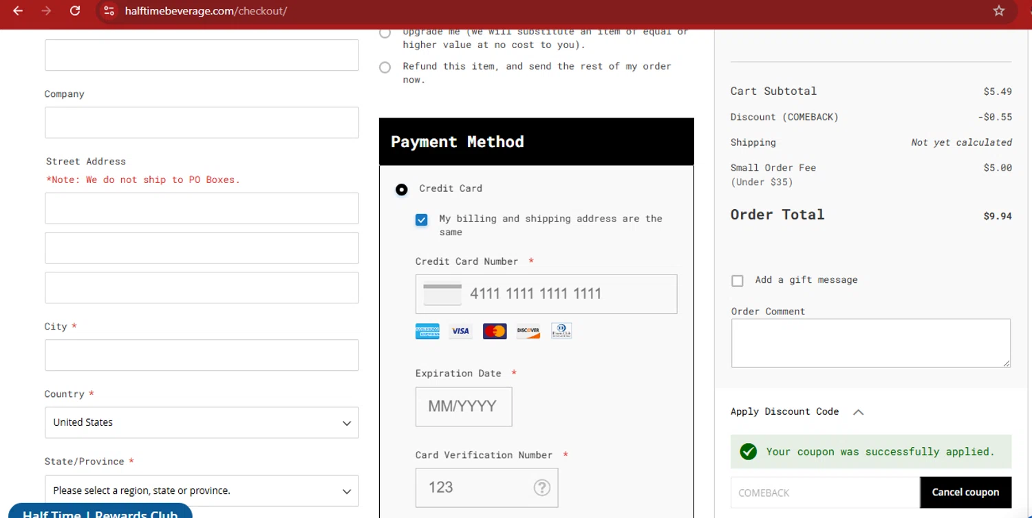 Half Time Beverage discount code screenshot showing code COMEBACK applied at Half Time Beverage checkout page. Uploaded by SimplyCodes community member kimberlinmartinez on Jun 22, 2025
