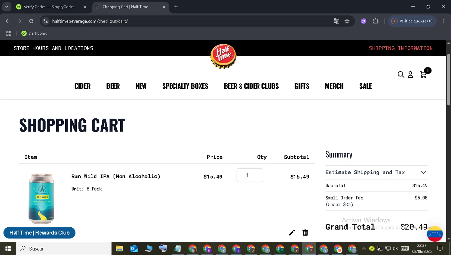 Half Time Beverage checkout page showing Half Time Beverage discount code box | Screenshot taken by SimplyCodes community member on Jun 9, 2025