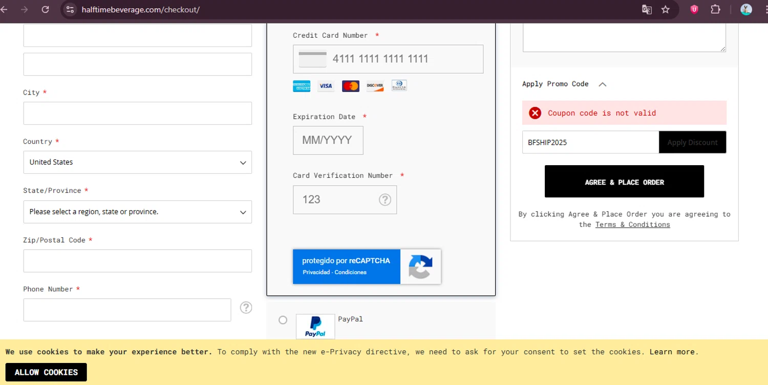 Half Time Beverage discount code screenshot showing code BFSHIP2025 applied at Half Time Beverage checkout page. Uploaded by SimplyCodes community member elgatobravo on Dec 21, 2025