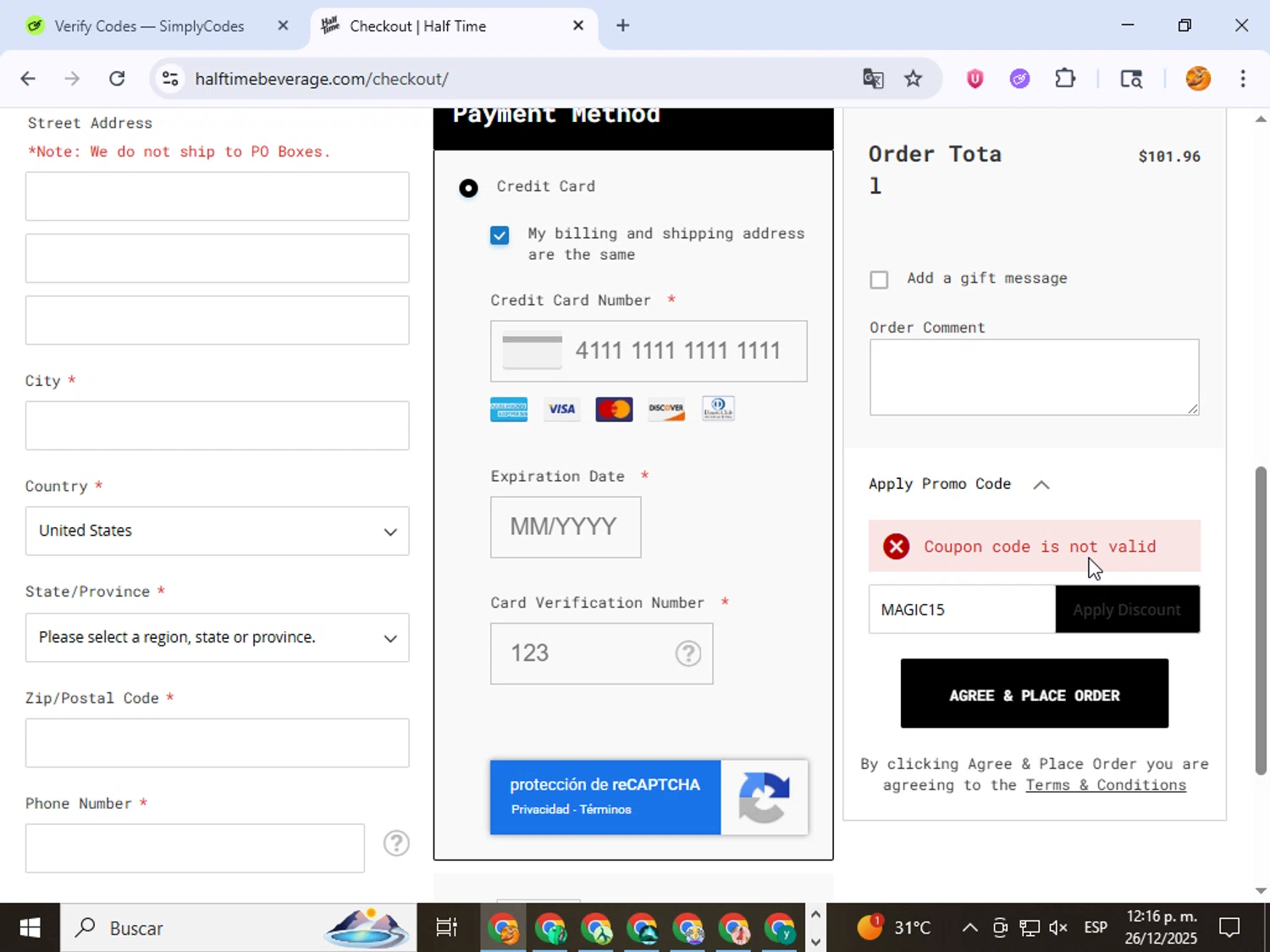 Half Time Beverage discount code screenshot showing code MAGIC15 applied at Half Time Beverage checkout page. Uploaded by SimplyCodes community member ingri96 on Dec 26, 2025