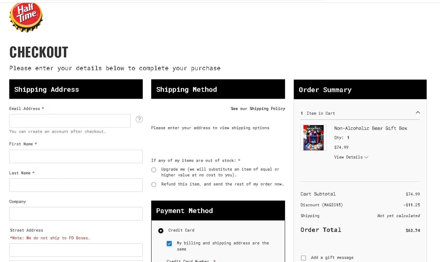 Half Time Beverage discount code screenshot showing code MAGIC15 applied at Half Time Beverage checkout page. Uploaded by SimplyCodes community member LAMINEJAMAL on Dec 26, 2025