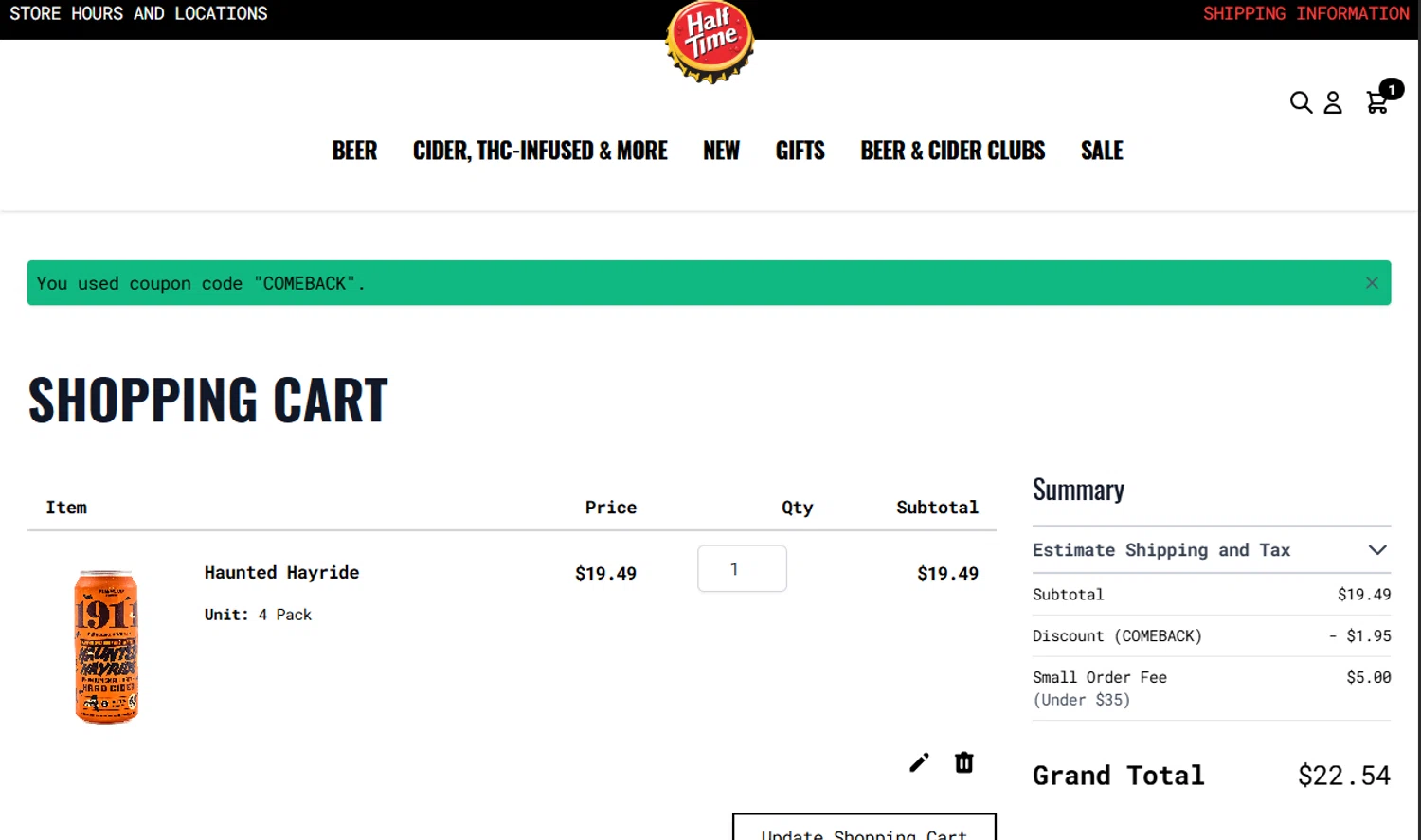 Half Time Beverage discount code screenshot showing code COMEBACK applied at Half Time Beverage checkout page. Uploaded by SimplyCodes community member ashe1986 on Aug 28, 2025