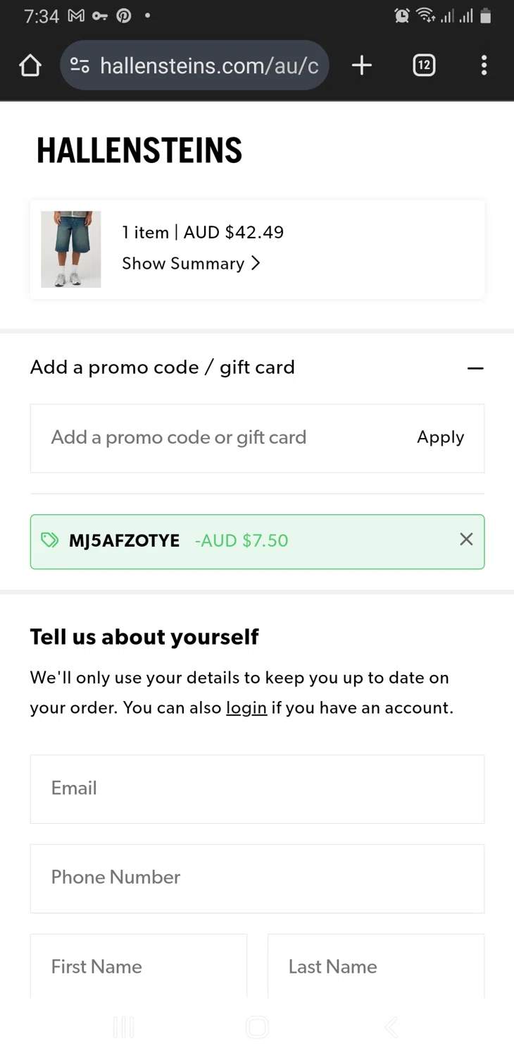 where to use Hallensteins promo code box