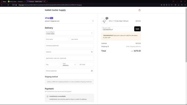 Hallett Gutter Cover checkout page showing Hallett Gutter Cover promo code box | Screenshot taken by SimplyCodes community member on Jun 24, 2025
