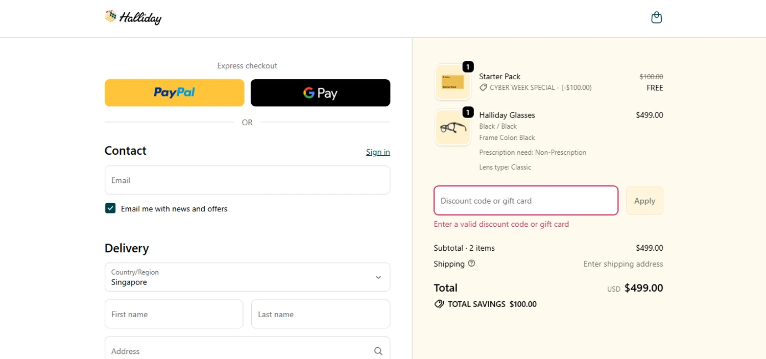 Halliday promo code screenshot showing code Halliday5 applied at Halliday checkout page. Uploaded by SimplyCodes community member CashAce9852 on Dec 4, 2025