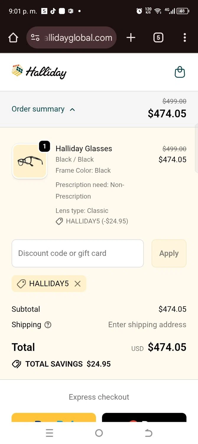 Halliday promo code screenshot showing code Halliday5 applied at Halliday checkout page. Uploaded by SimplyCodes community member kellymoreno on Nov 11, 2025