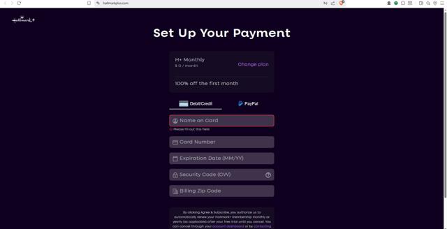 Hallmark+ checkout page showing Hallmark+ promo code box | Screenshot taken by SimplyCodes community member on Jul 12, 2025