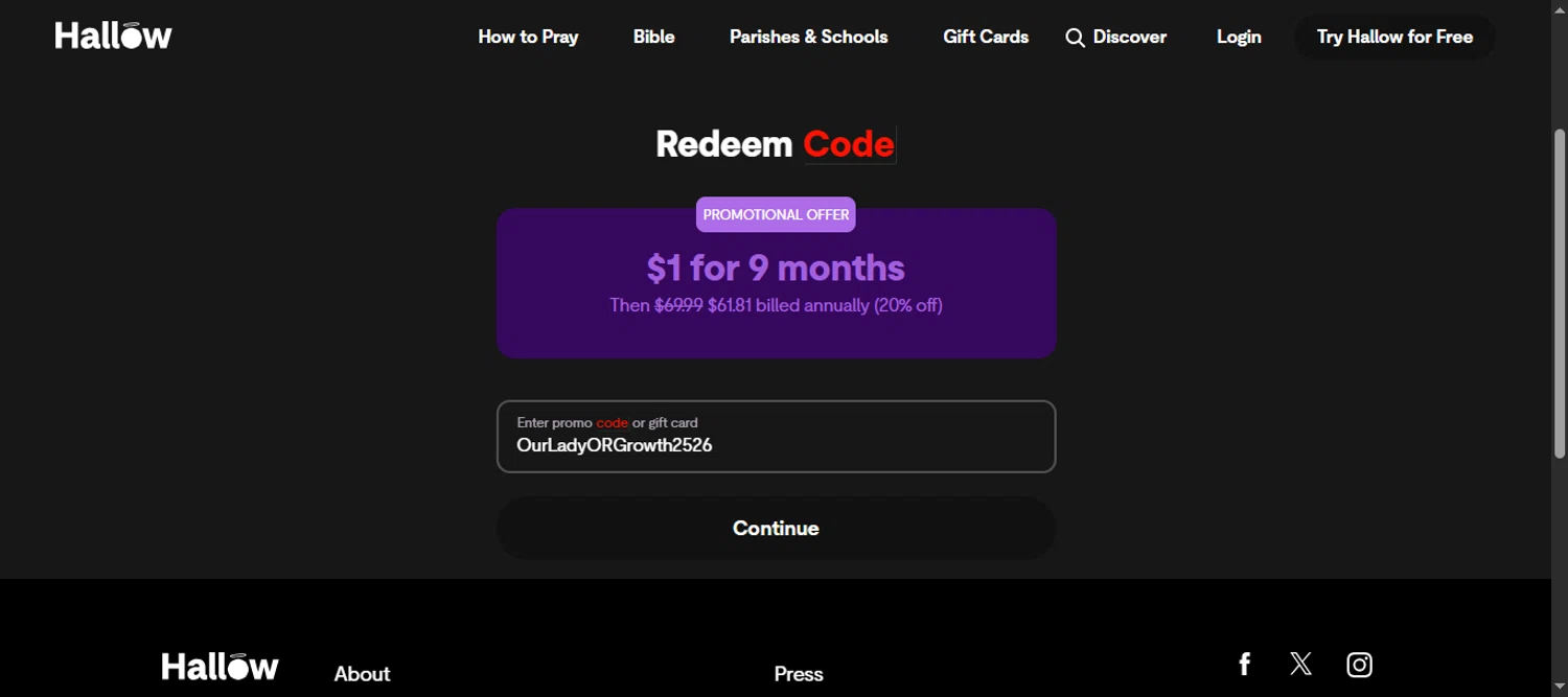 Hallow App promo code screenshot showing code OurLadyORGrowth2526 applied at Hallow App checkout page. Uploaded by SimplyCodes community member 111111 on Aug 20, 2025