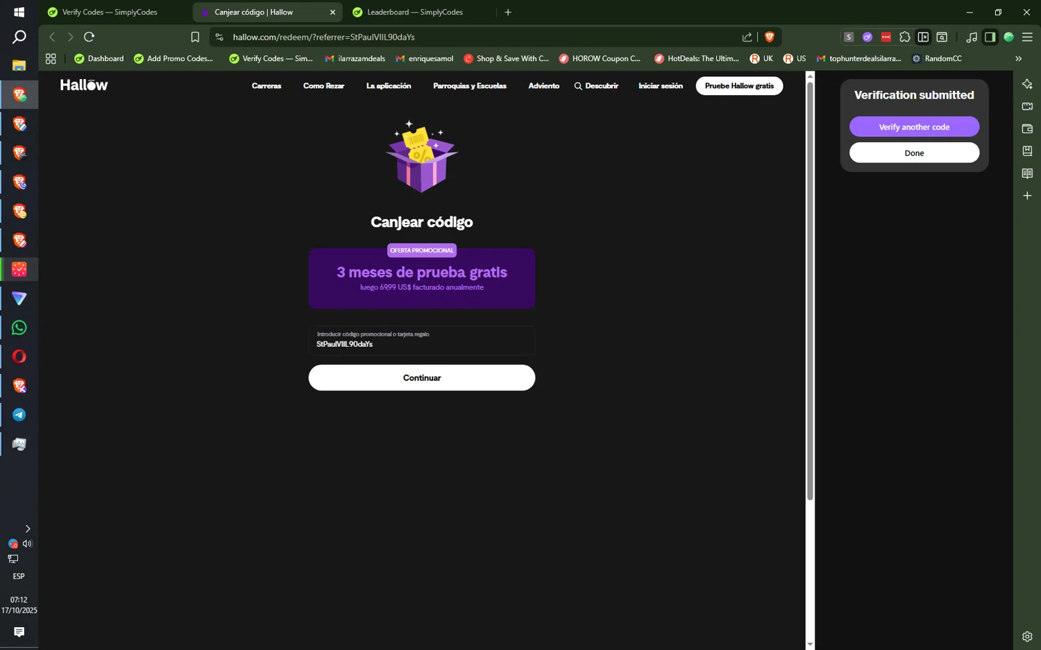 Hallow App promo code screenshot showing code StPaulVIIL90daYs applied at Hallow App checkout page. Uploaded by SimplyCodes community member SilentNova8472 on Oct 17, 2025