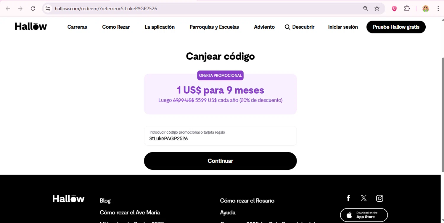 Hallow App promo code screenshot showing code StLukePAGP2526 applied at Hallow App checkout page. Uploaded by SimplyCodes community member laurachirinos on Aug 20, 2025