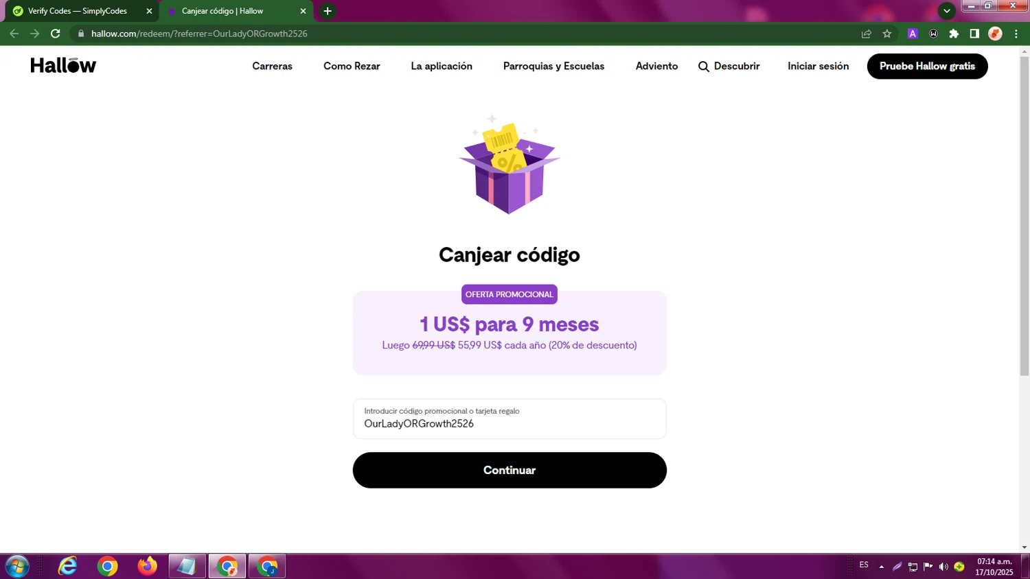 Hallow App promo code screenshot showing code OurLadyORGrowth2526 applied at Hallow App checkout page. Uploaded by SimplyCodes community member LegendaryBoss7060 on Oct 17, 2025