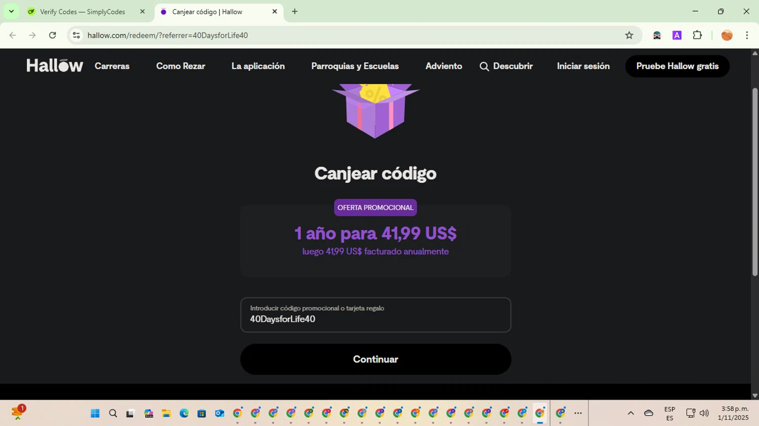 Hallow App promo code screenshot showing code 40DaysforLife40 applied at Hallow App checkout page. Uploaded by SimplyCodes community member TreasureSentinel5290 on Nov 1, 2025