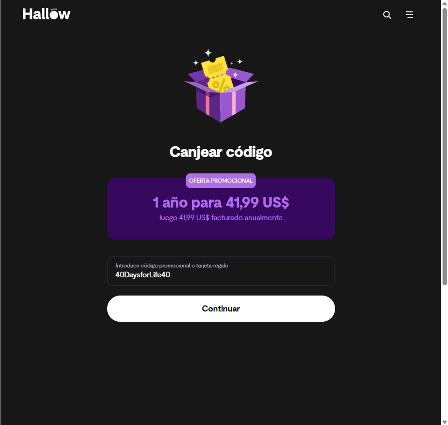 Hallow App promo code screenshot showing code 40DaysforLife40 applied at Hallow App checkout page. Uploaded by SimplyCodes community member PillarsofCreation on Oct 3, 2025