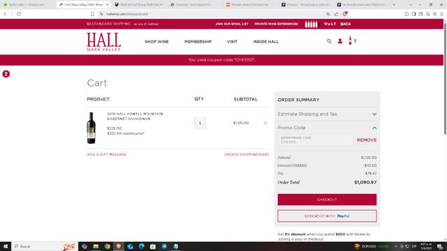 Hall Wines checkout page showing Hall Wines promo code box | Screenshot taken by SimplyCodes community member on Apr 5, 2025