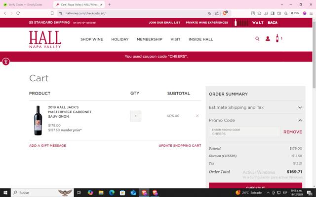 Hall Wines checkout page showing Hall Wines promo code box | Screenshot taken by SimplyCodes community member on Dec 14, 2024