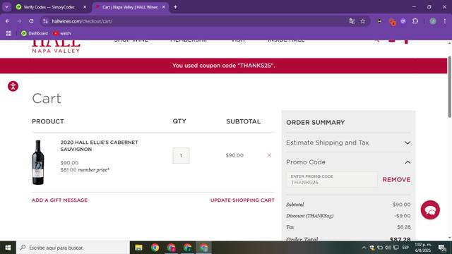 Hall Wines checkout page showing Hall Wines promo code box | Screenshot taken by SimplyCodes community member on Aug 6, 2025
