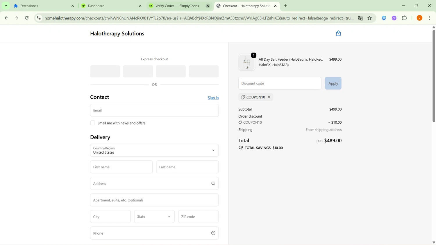 Halotherapy Solutions promo code screenshot showing code COUPON10 applied at Halotherapy Solutions checkout page. Uploaded by SimplyCodes community member SavingsFinder9954 on Dec 24, 2025