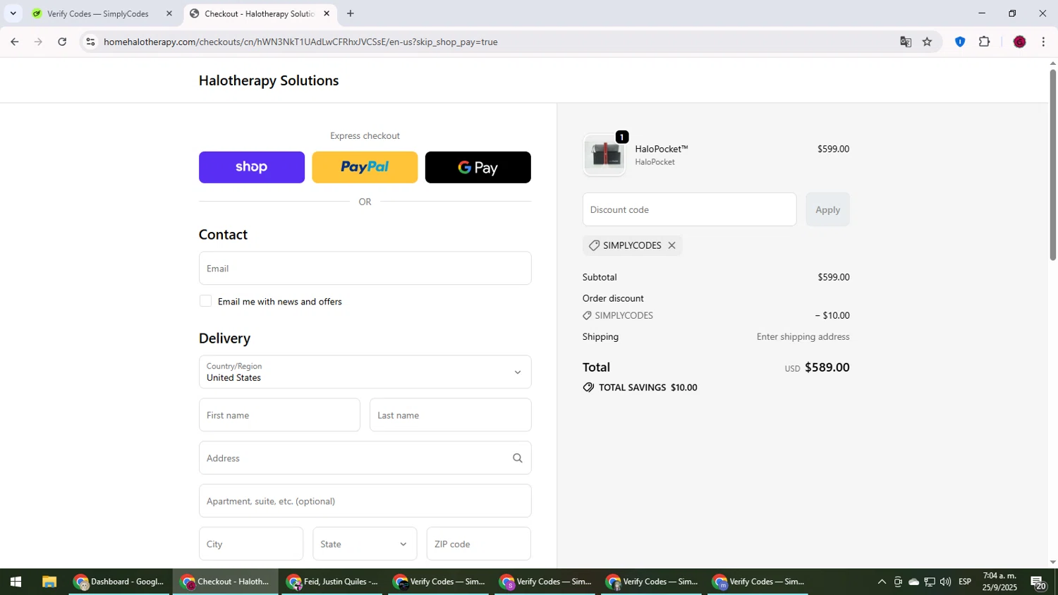 Halotherapy Solutions promo code screenshot showing code SIMPLYCODES applied at Halotherapy Solutions checkout page. Uploaded by SimplyCodes community member MightyLegend6657 on Sep 25, 2025