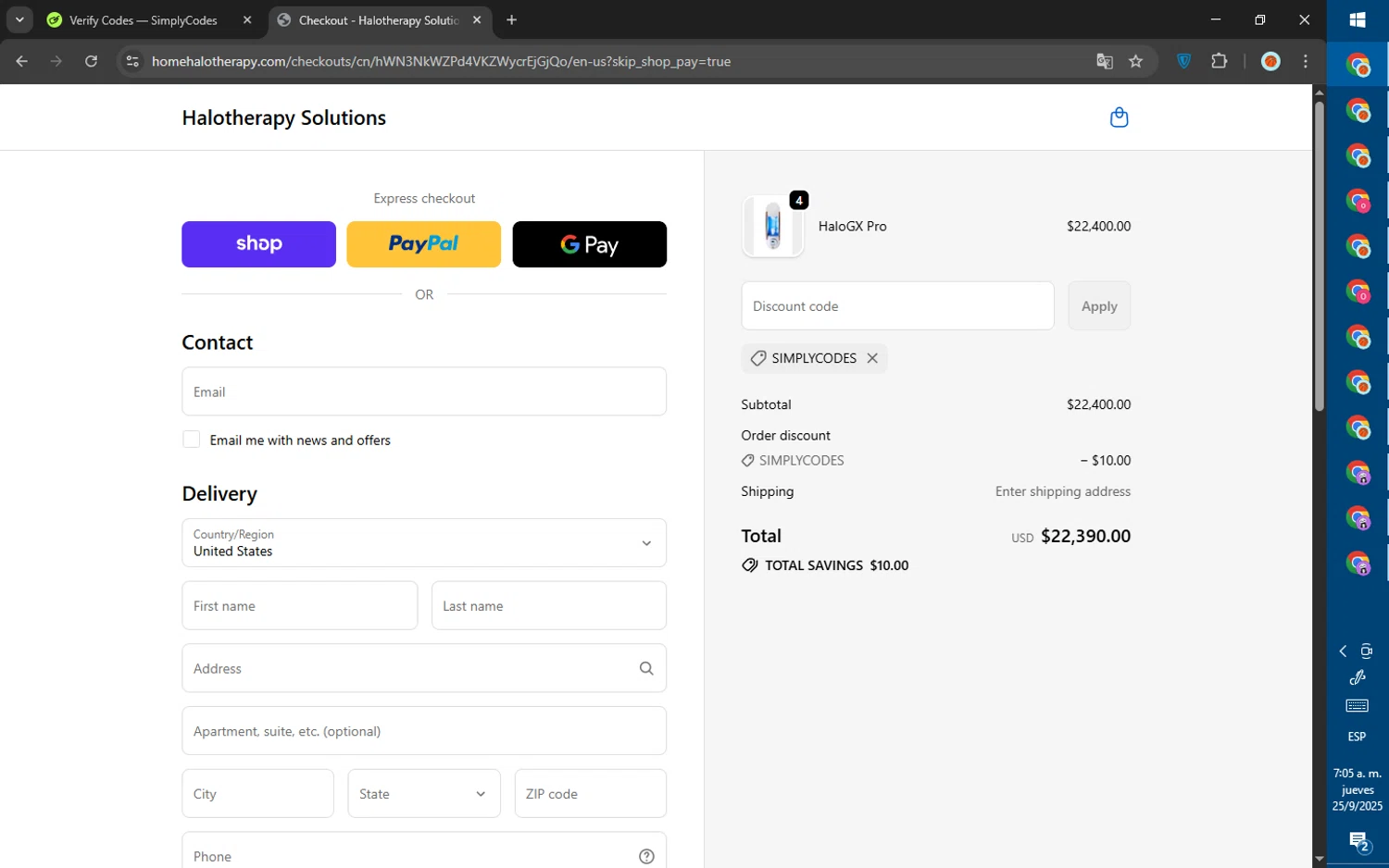 Halotherapy Solutions promo code screenshot showing code SIMPLYCODES applied at Halotherapy Solutions checkout page. Uploaded by SimplyCodes community member SalePhoenix823 on Sep 25, 2025