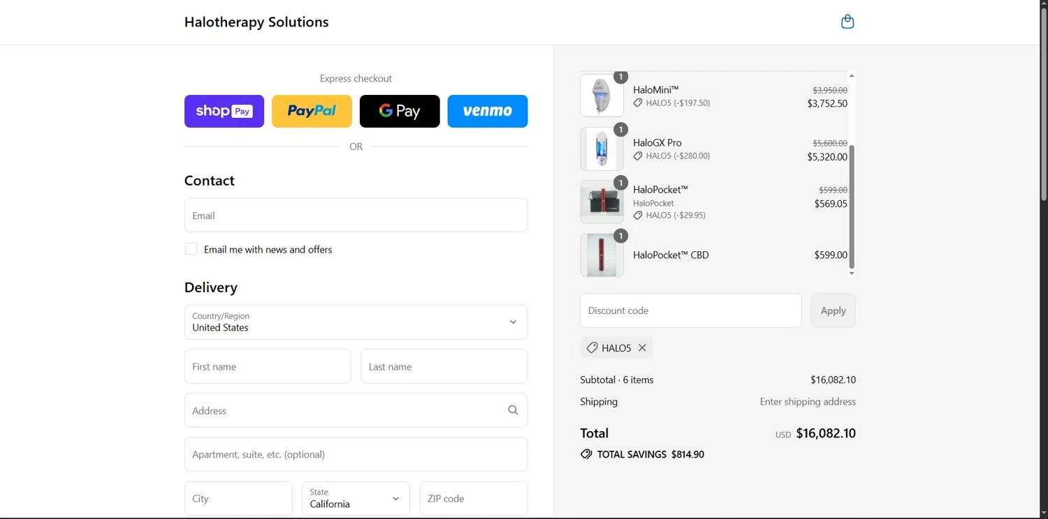 Halotherapy Solutions promo code screenshot showing code HALO5 applied at Halotherapy Solutions checkout page. Uploaded by SimplyCodes community member Depressive on Aug 26, 2025