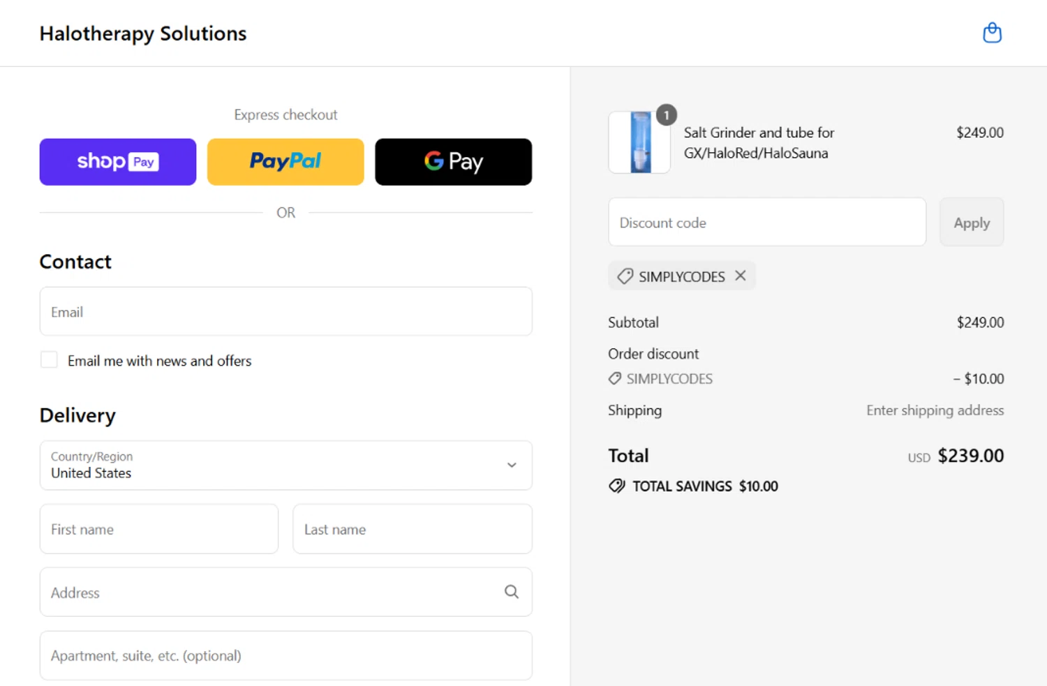 Halotherapy Solutions promo code screenshot showing code SIMPLYCODES applied at Halotherapy Solutions checkout page. Uploaded by SimplyCodes community member angelavidal on Aug 25, 2025