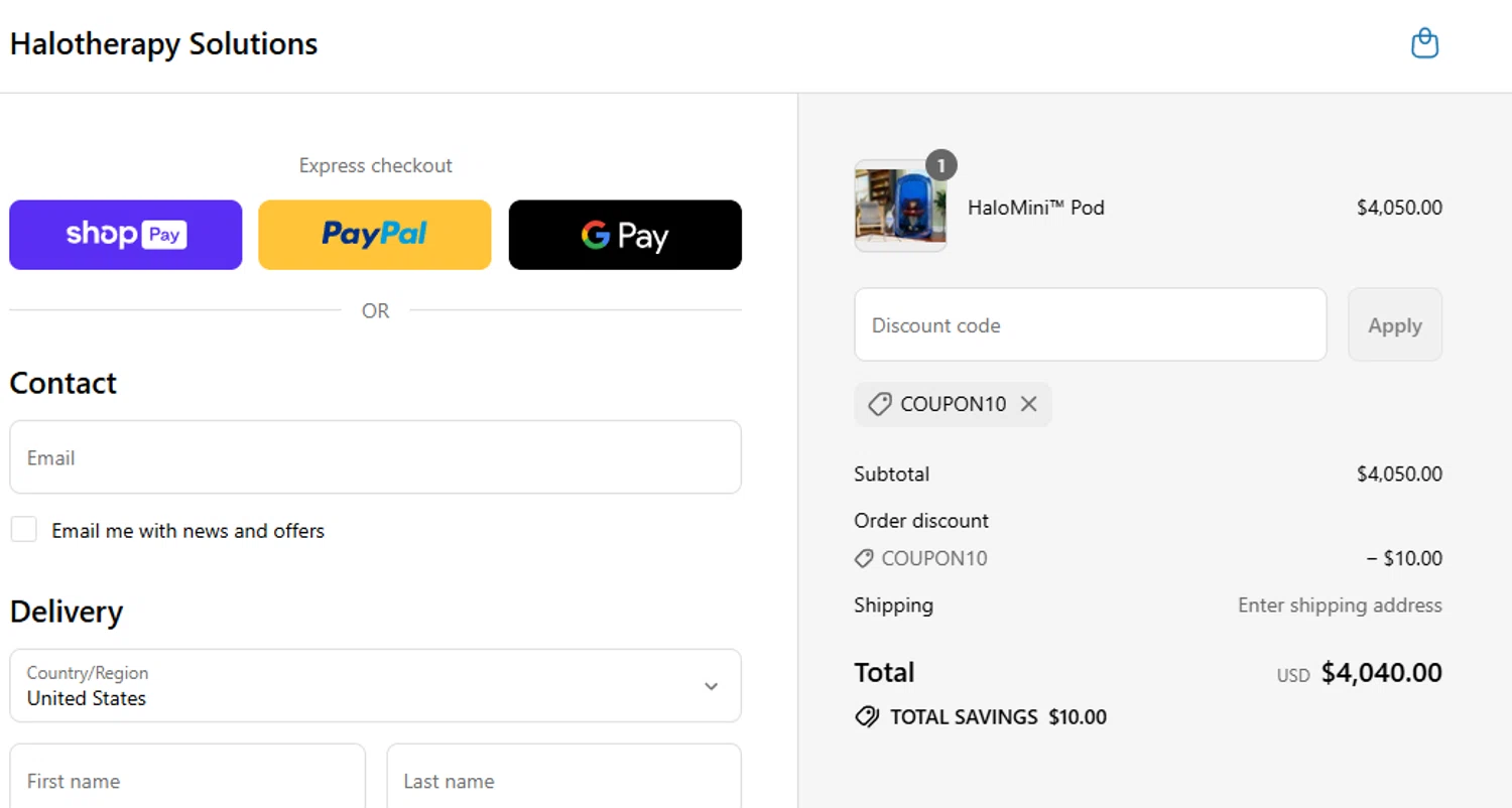 Halotherapy Solutions promo code screenshot showing code COUPON10 applied at Halotherapy Solutions checkout page. Uploaded by SimplyCodes community member aumentadax10 on Aug 1, 2025