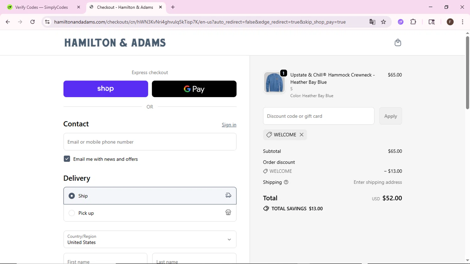 Hamilton & Adams promo code screenshot showing code welcome applied at Hamilton & Adams checkout page. Uploaded by SimplyCodes community member BargainShopper1802 on Sep 24, 2025
