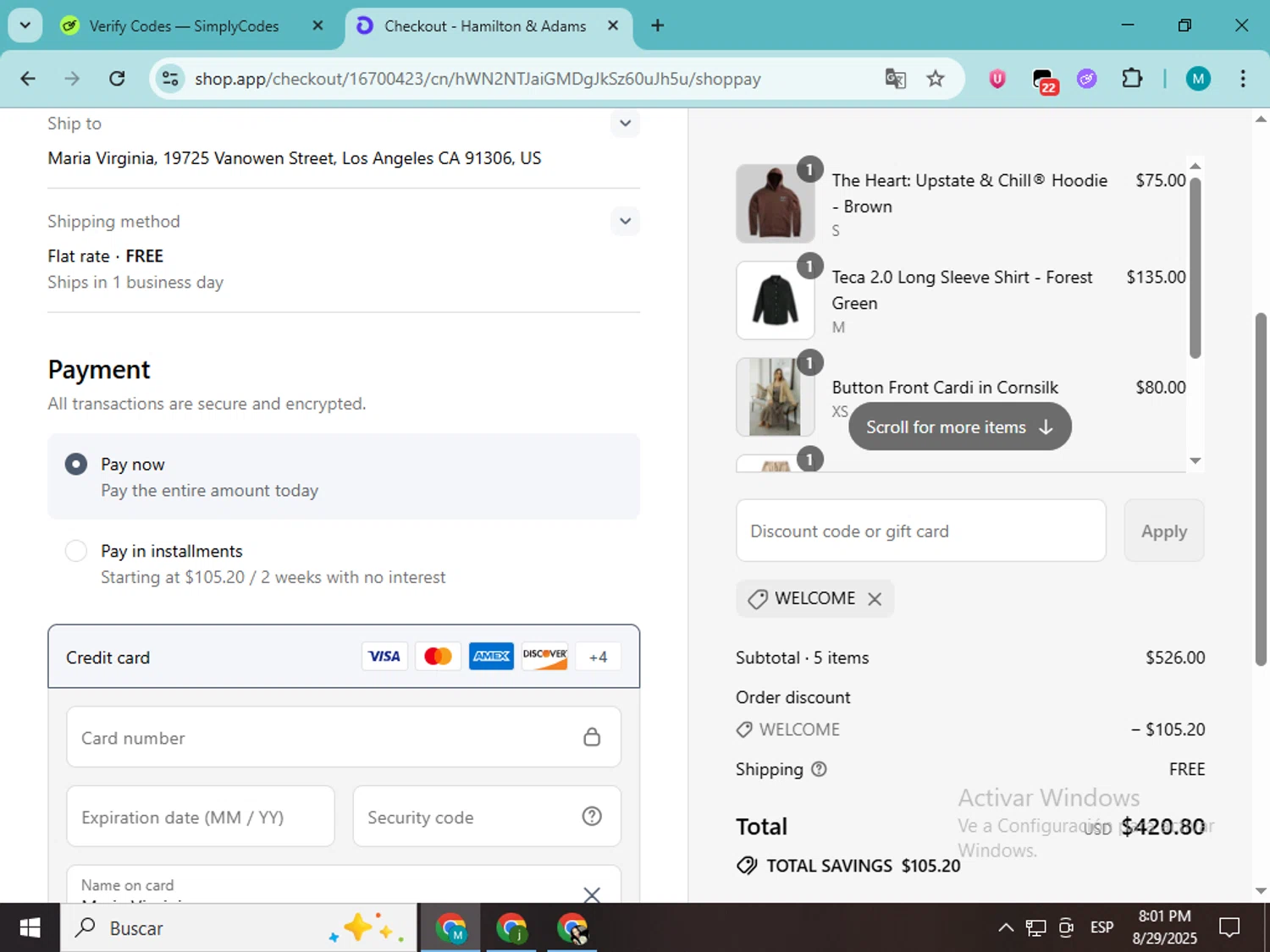 Hamilton & Adams promo code screenshot showing code welcome applied at Hamilton & Adams checkout page. Uploaded by SimplyCodes community member estrellaveloz on Aug 30, 2025