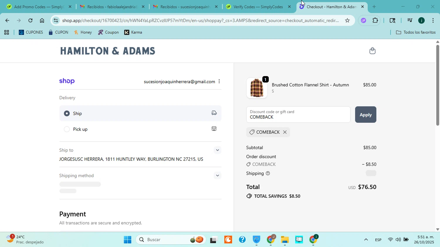 Hamilton & Adams promo code screenshot showing code COMEBACK applied at Hamilton & Adams checkout page. Uploaded by SimplyCodes community member jorgejavierherrera on Oct 26, 2025