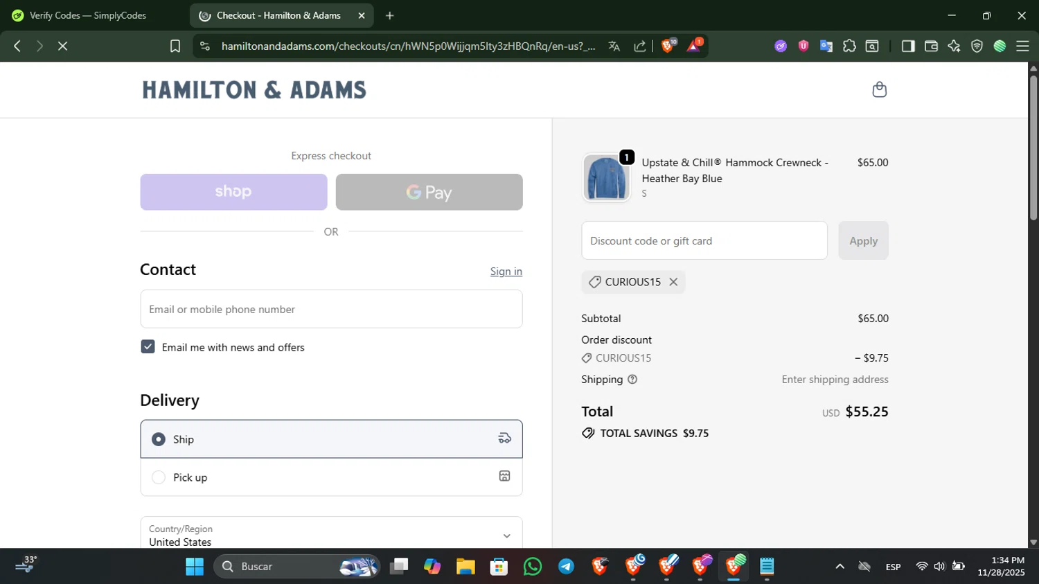 Hamilton & Adams promo code screenshot showing code curious15 applied at Hamilton & Adams checkout page. Uploaded by SimplyCodes community member SilverKnight3628 on Nov 28, 2025