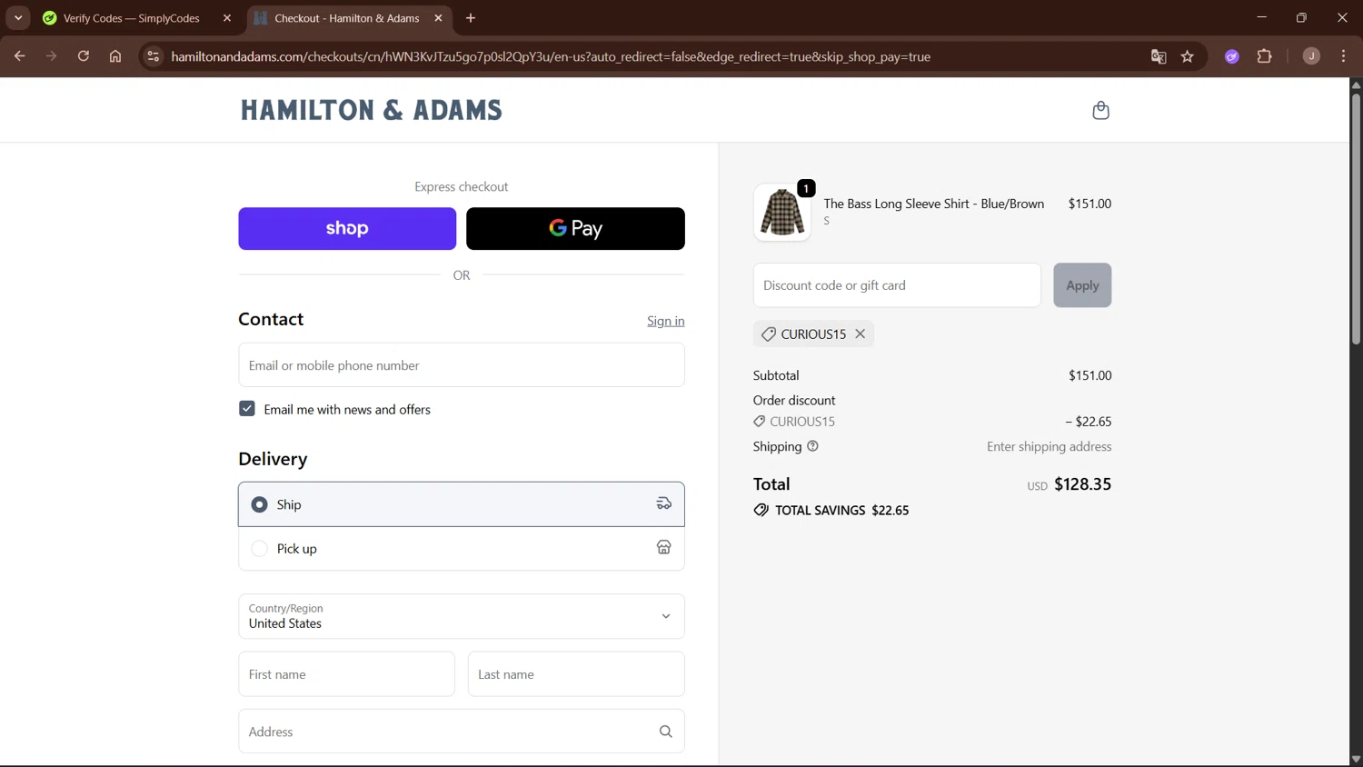 Hamilton & Adams promo code screenshot showing code curious15 applied at Hamilton & Adams checkout page. Uploaded by SimplyCodes community member WisePro3955 on Oct 10, 2025