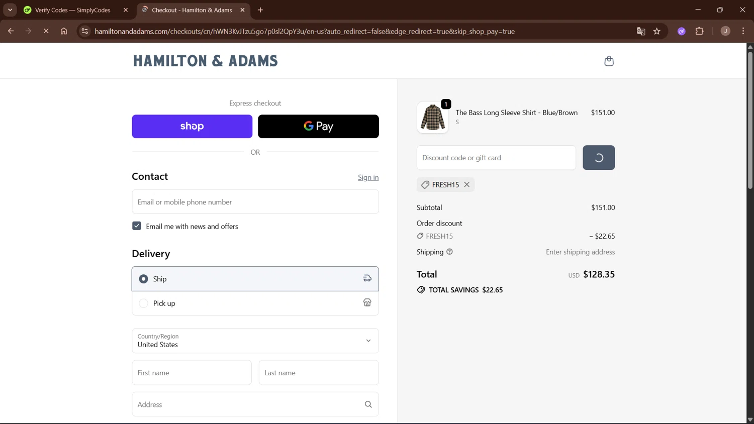 Hamilton & Adams promo code screenshot showing code FRESH15 applied at Hamilton & Adams checkout page. Uploaded by SimplyCodes community member WisePro3955 on Sep 24, 2025