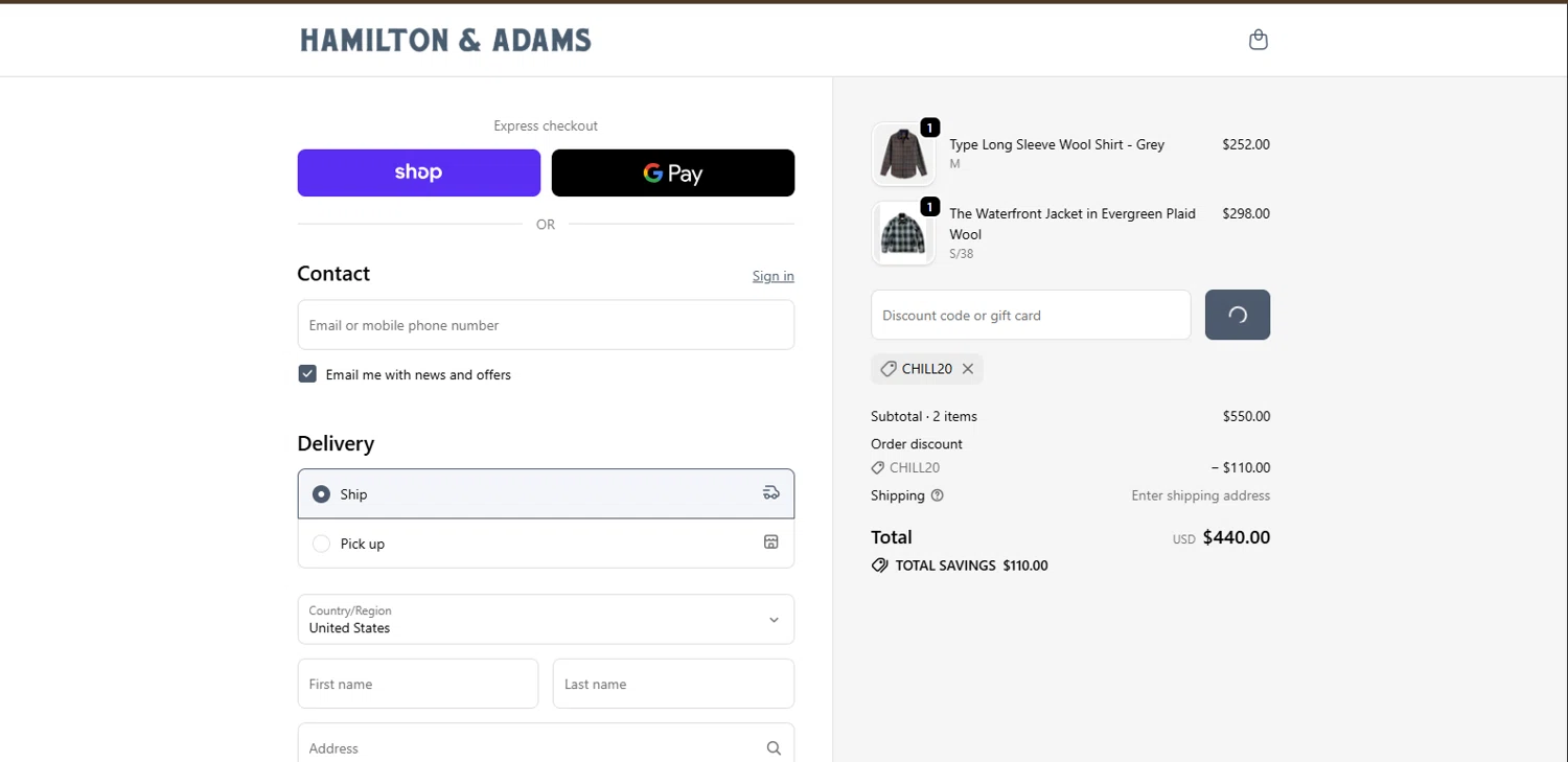 Hamilton & Adams promo code screenshot showing code CHILL20 applied at Hamilton & Adams checkout page. Uploaded by SimplyCodes community member BrillianteMaestro892 on Nov 13, 2025
