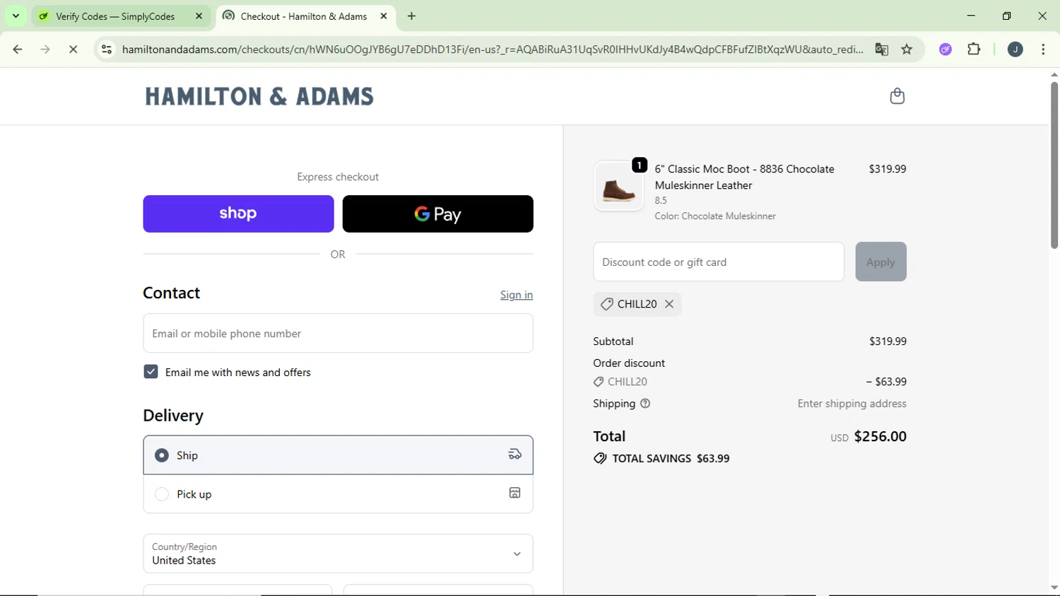Hamilton & Adams promo code screenshot showing code CHILL20 applied at Hamilton & Adams checkout page. Uploaded by SimplyCodes community member GloriousCollector9930 on Dec 27, 2025