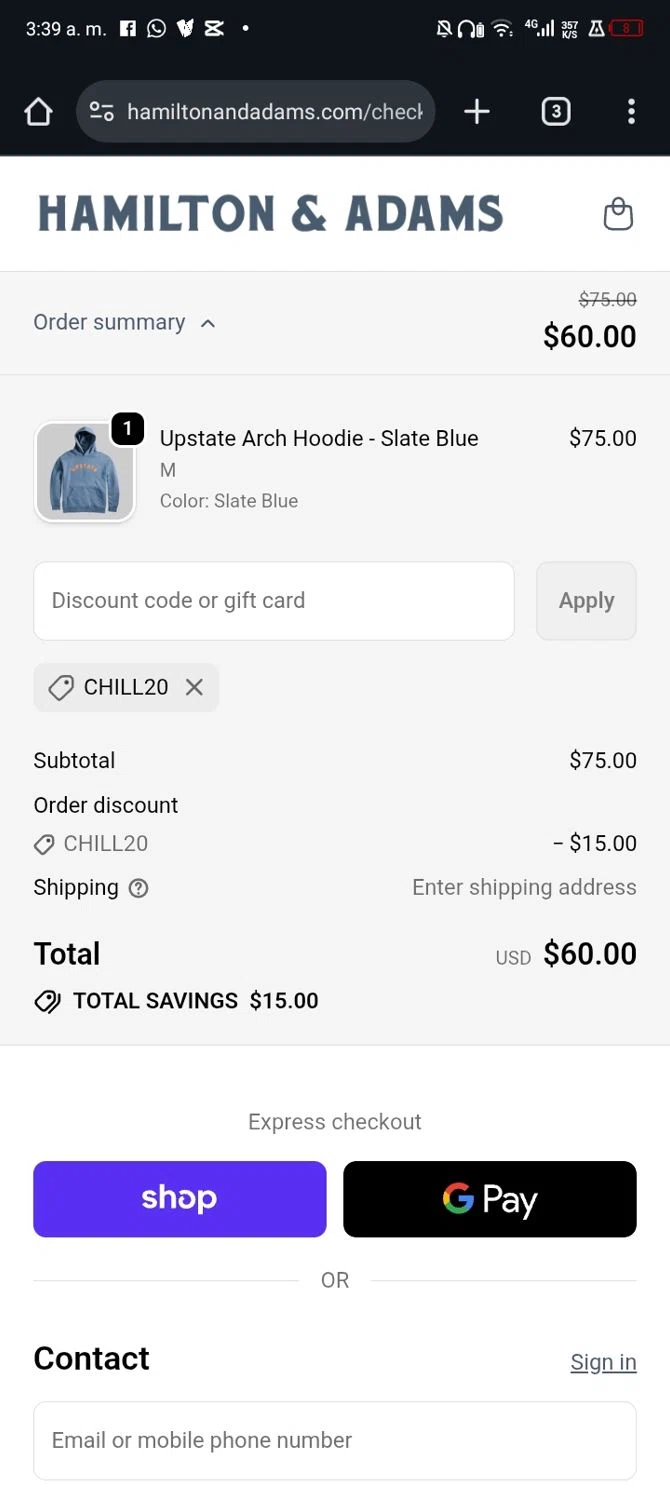 Hamilton & Adams checkout page showing Hamilton & Adams promo code box | Screenshot taken by SimplyCodes community member on Jan 1, 2026