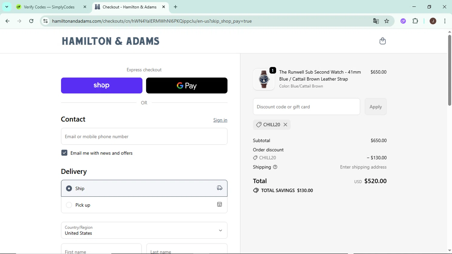 Hamilton & Adams promo code screenshot showing code CHILL20 applied at Hamilton & Adams checkout page. Uploaded by SimplyCodes community member LegendaryAce8627 on Oct 26, 2025