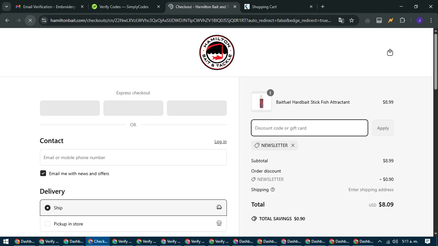 Hamilton Bait and Tackle promo code screenshot showing code NEWSLETTER applied at Hamilton Bait and Tackle checkout page. Uploaded by SimplyCodes community member LegendaryLegend9872 on Apr 9, 2025