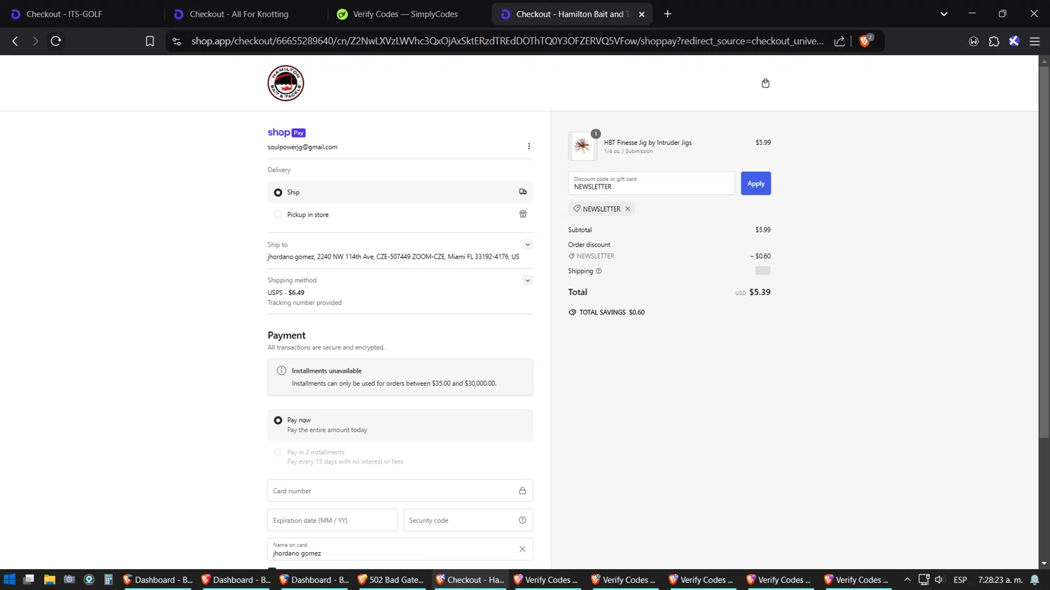 Hamilton Bait and Tackle promo code screenshot showing code NEWSLETTER applied at Hamilton Bait and Tackle checkout page. Uploaded by SimplyCodes community member SoulPower on Feb 6, 2025