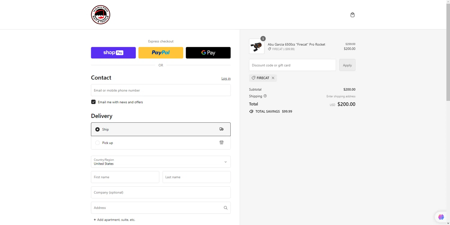 where to use Hamilton Bait promo code box