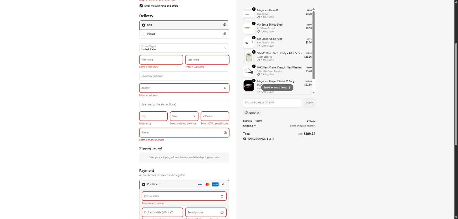 Hamilton Bait and Tackle promo code screenshot showing code TLR10 applied at Hamilton Bait and Tackle checkout page. Uploaded by SimplyCodes community member CodeAce1208 on Jan 23, 2026