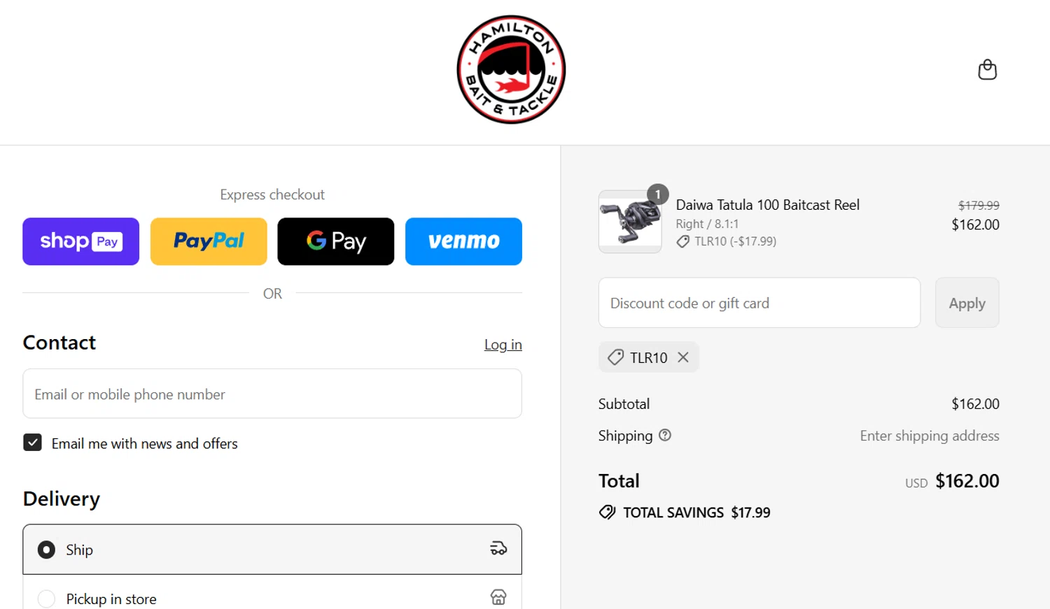 Hamilton Bait and Tackle promo code screenshot showing code TLR10 applied at Hamilton Bait and Tackle checkout page. Uploaded by SimplyCodes community member RewardCurator5232 on Jul 11, 2025