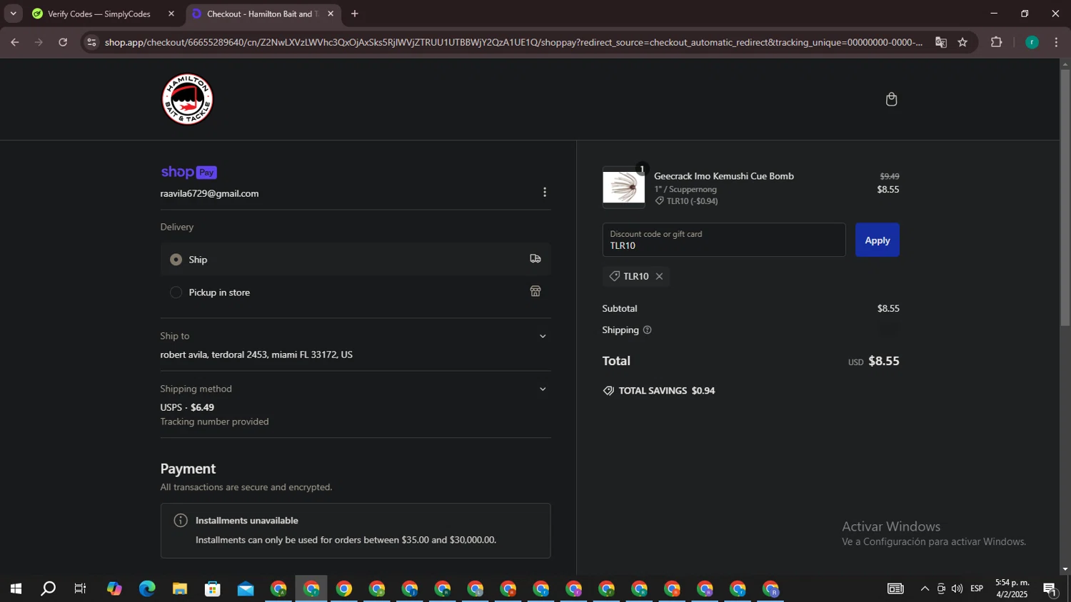 Hamilton Bait and Tackle promo code screenshot showing code TLR10 applied at Hamilton Bait and Tackle checkout page. Uploaded by SimplyCodes community member SavingsRanger5017 on Feb 4, 2025