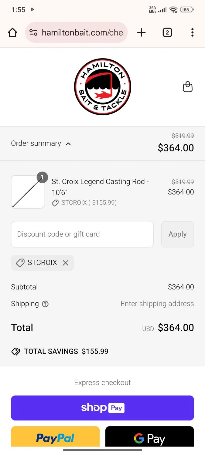 Hamilton Bait and Tackle promo code screenshot showing code STCROIX applied at Hamilton Bait and Tackle checkout page. Uploaded by SimplyCodes community member Esteban14 on Jun 22, 2025