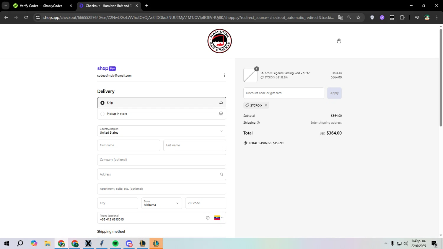 Hamilton Bait and Tackle promo code screenshot showing code STCROIX applied at Hamilton Bait and Tackle checkout page. Uploaded by SimplyCodes community member franalepe on Jun 22, 2025