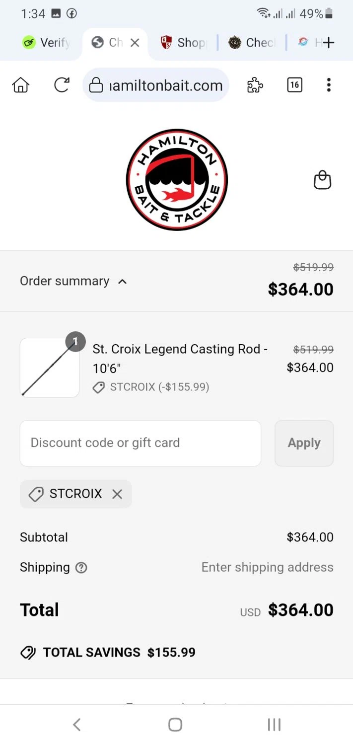 Hamilton Bait and Tackle promo code screenshot showing code STCROIX applied at Hamilton Bait and Tackle checkout page. Uploaded by SimplyCodes community member menotychire on Jun 22, 2025