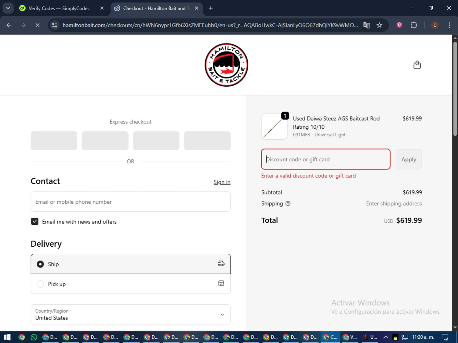 Hamilton Bait and Tackle promo code screenshot showing code TARIFF20 applied at Hamilton Bait and Tackle checkout page. Uploaded by SimplyCodes community member Legendar on Dec 24, 2025