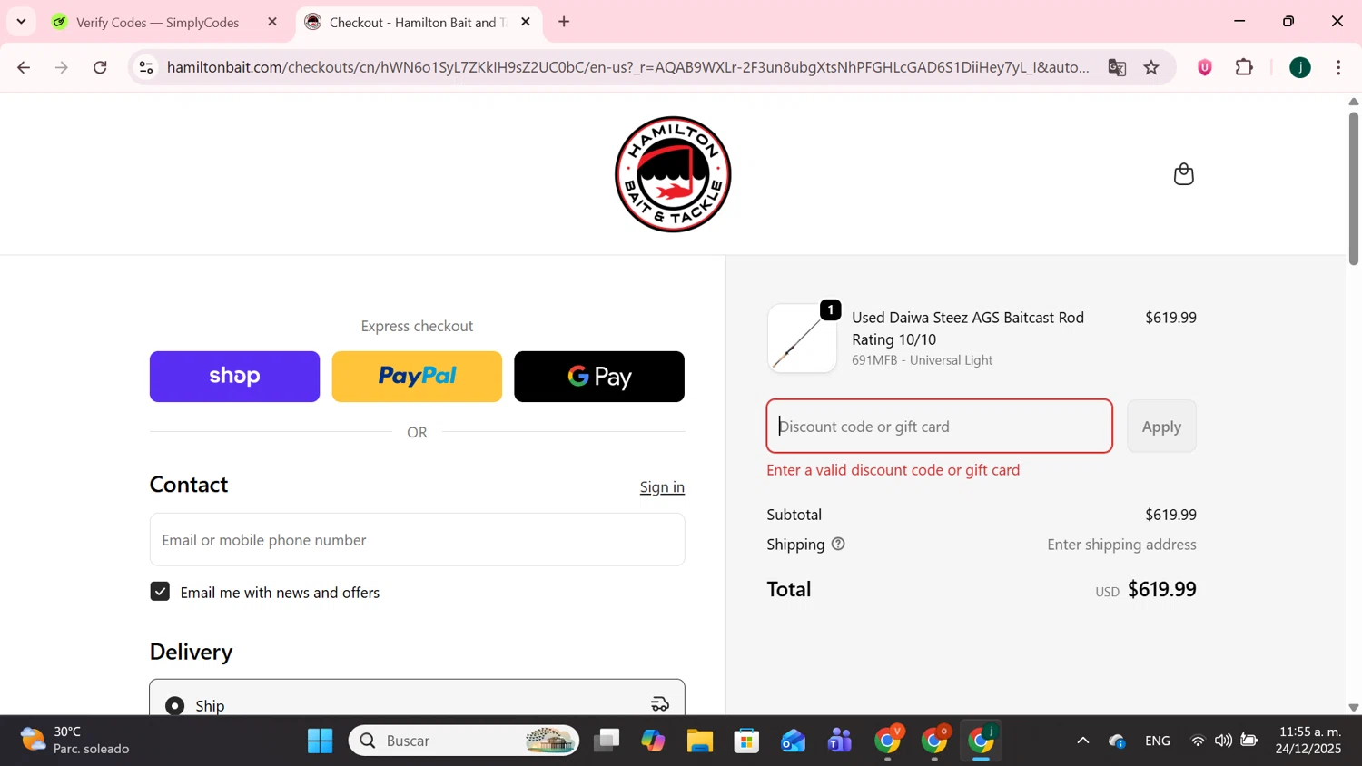 Hamilton Bait and Tackle promo code screenshot showing code TARIFF20 applied at Hamilton Bait and Tackle checkout page. Uploaded by SimplyCodes community member MoneySpotter5416 on Dec 24, 2025